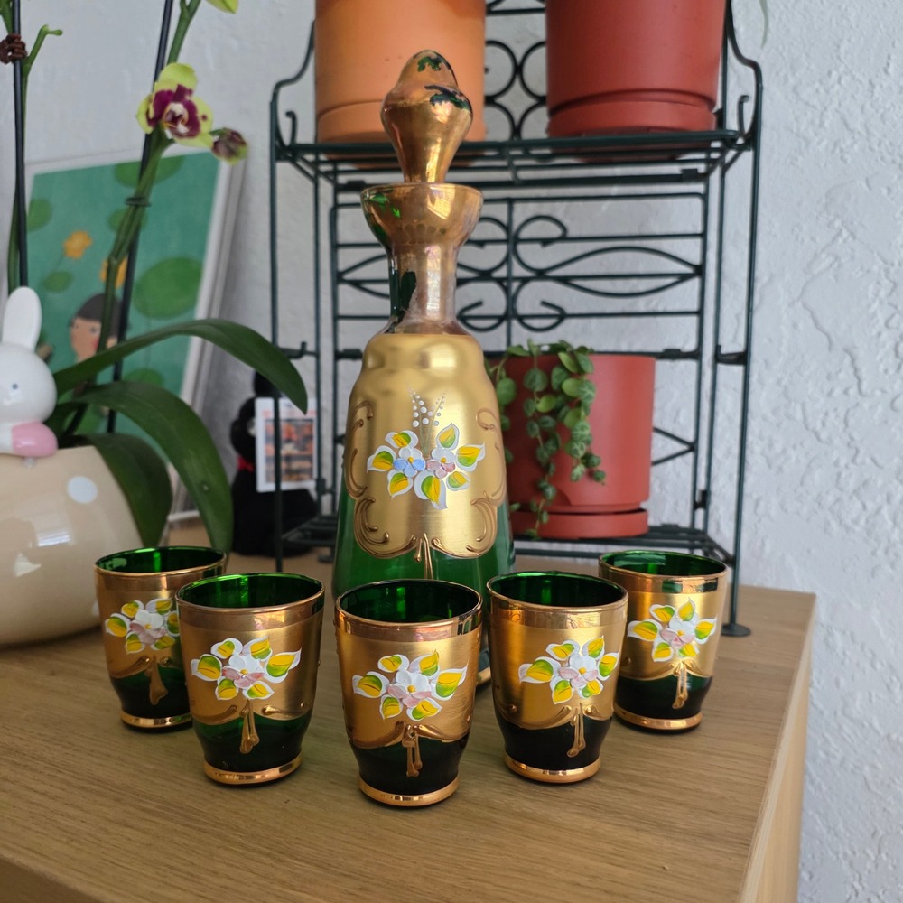 Murano Export Decanter Set Unisex OS Green 24KT Gold Hand Made Floral 5pc Set